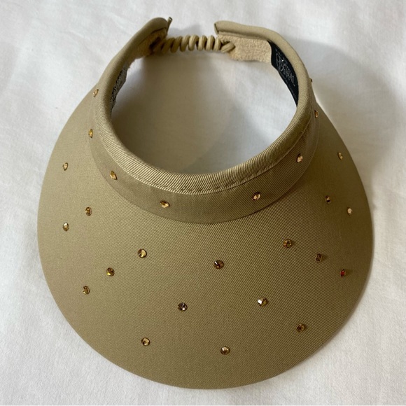 High Spirits Tan Golf Visor Swarovski Crystal Studded Curled Lace Back Sun Visor - Picture 7 of 7